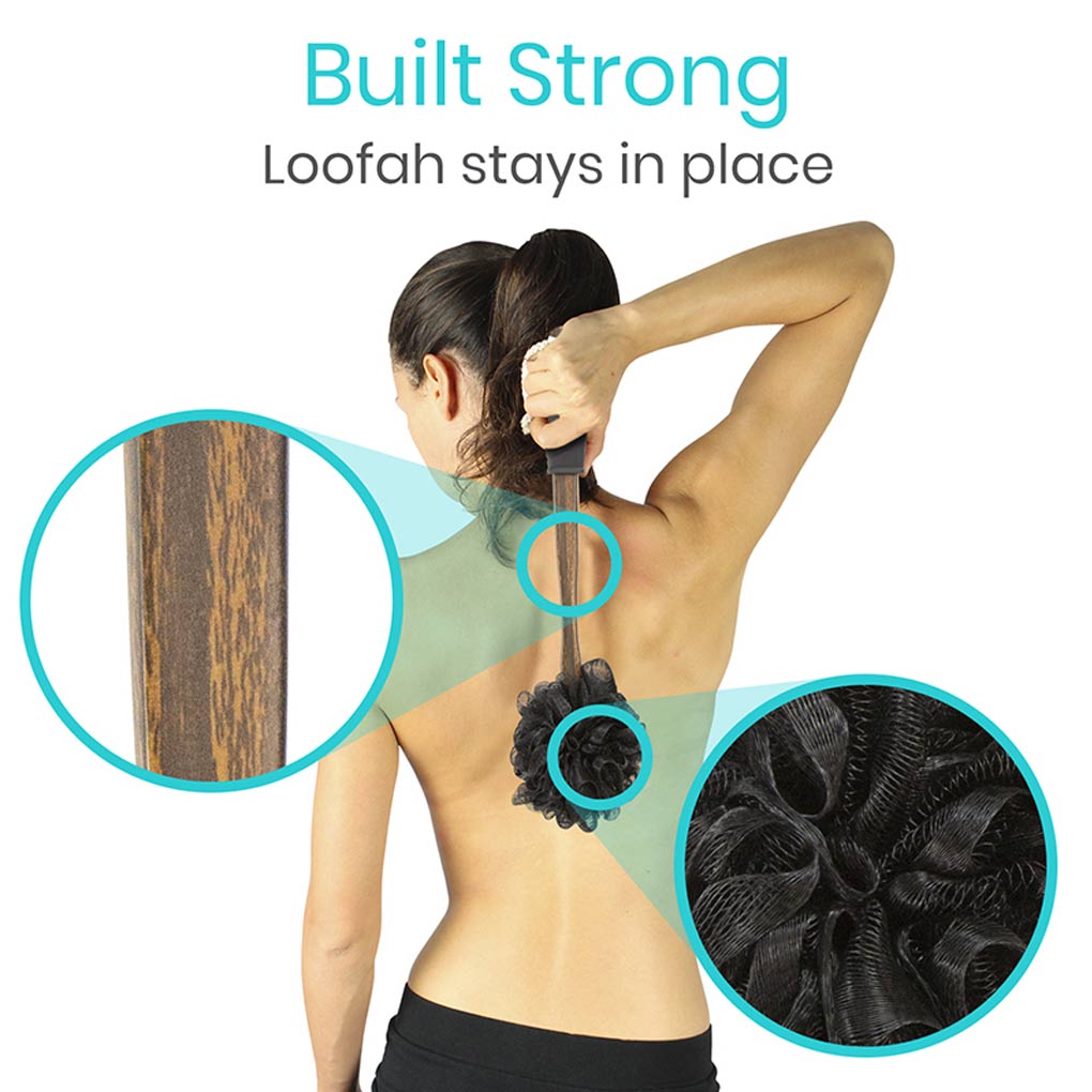 Person using a loofah with text 'Built Strong' and 'Loofah stays in place'.