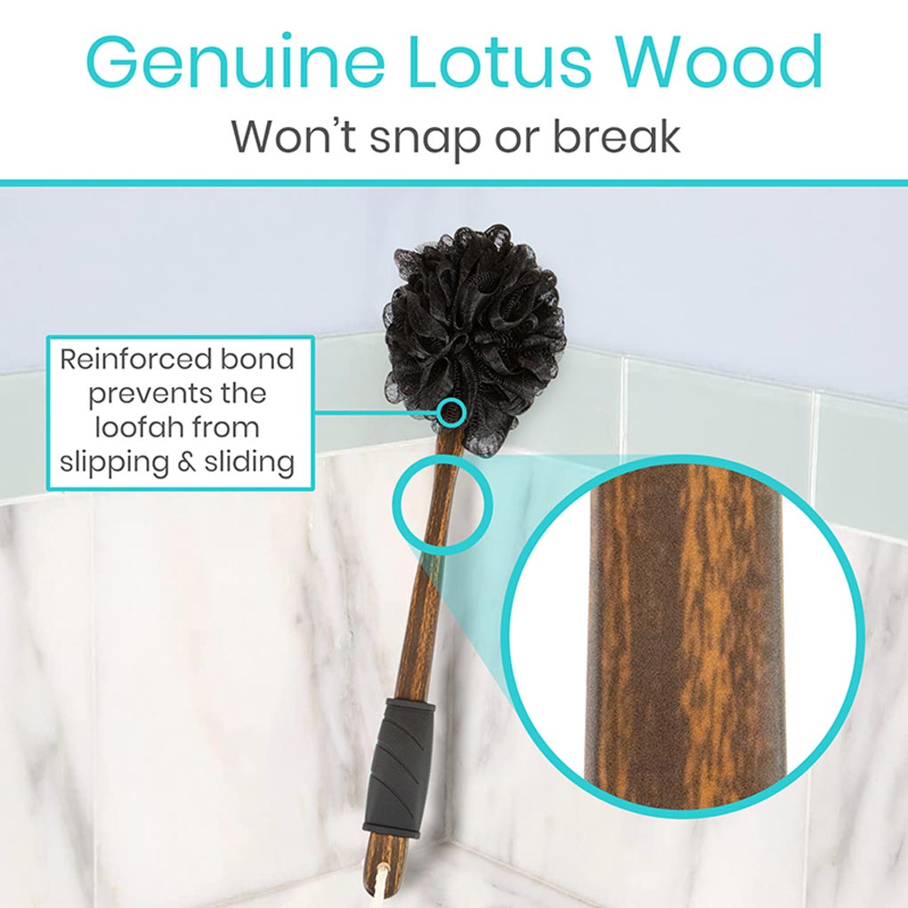 Loofah with wooden handle and black sponge head on a white background, highlighting 'Genuine Lotus Wood' feature.