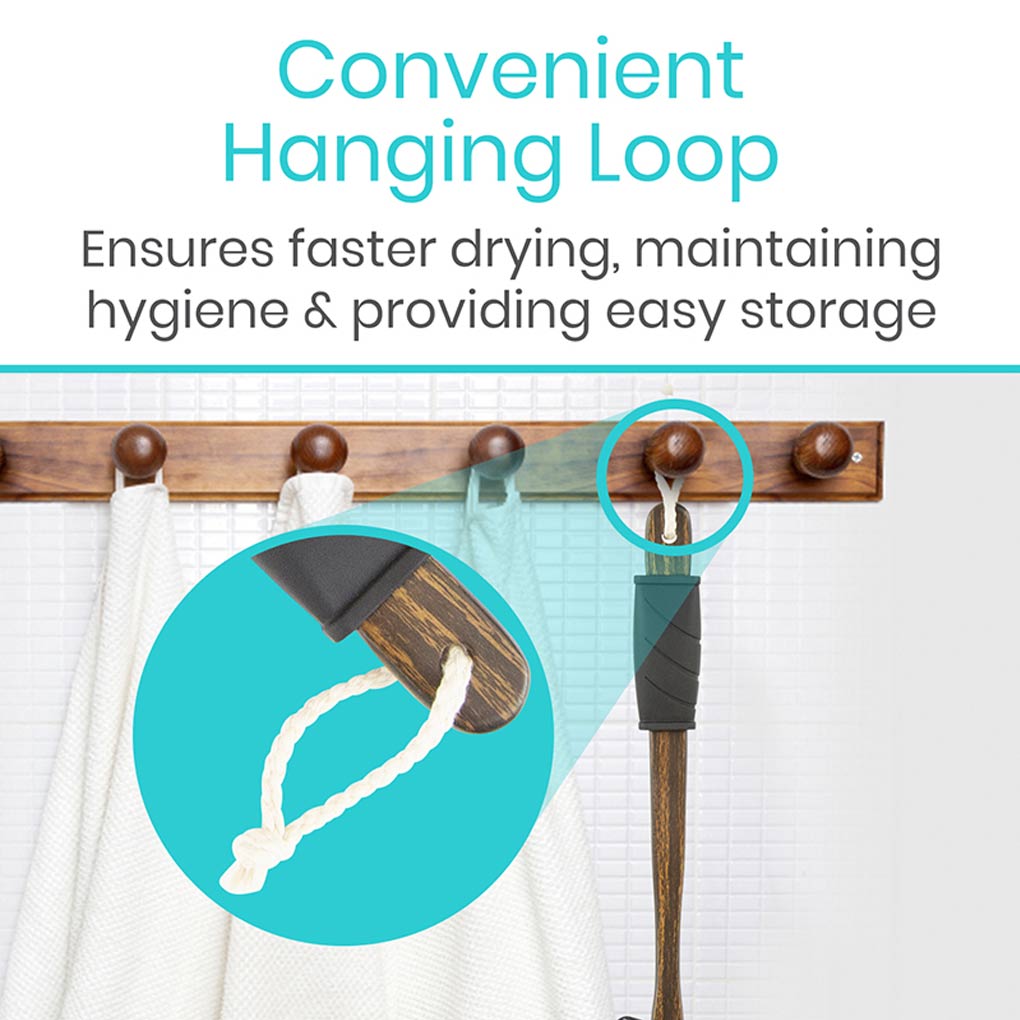 Wooden coat rack with hooks and a convenient hanging loop feature, with text highlighting benefits.