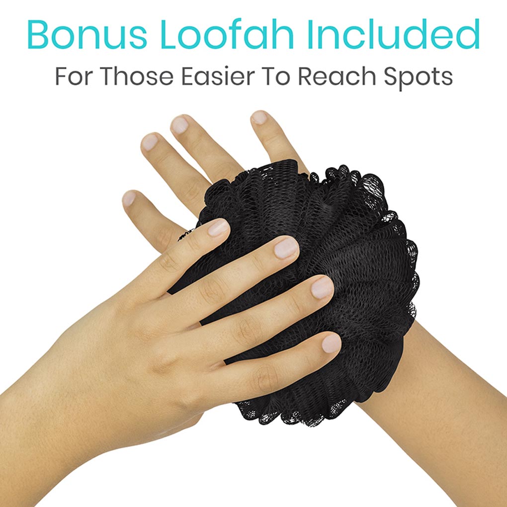 Black loofah held by a hand with text about a bonus loofah included.