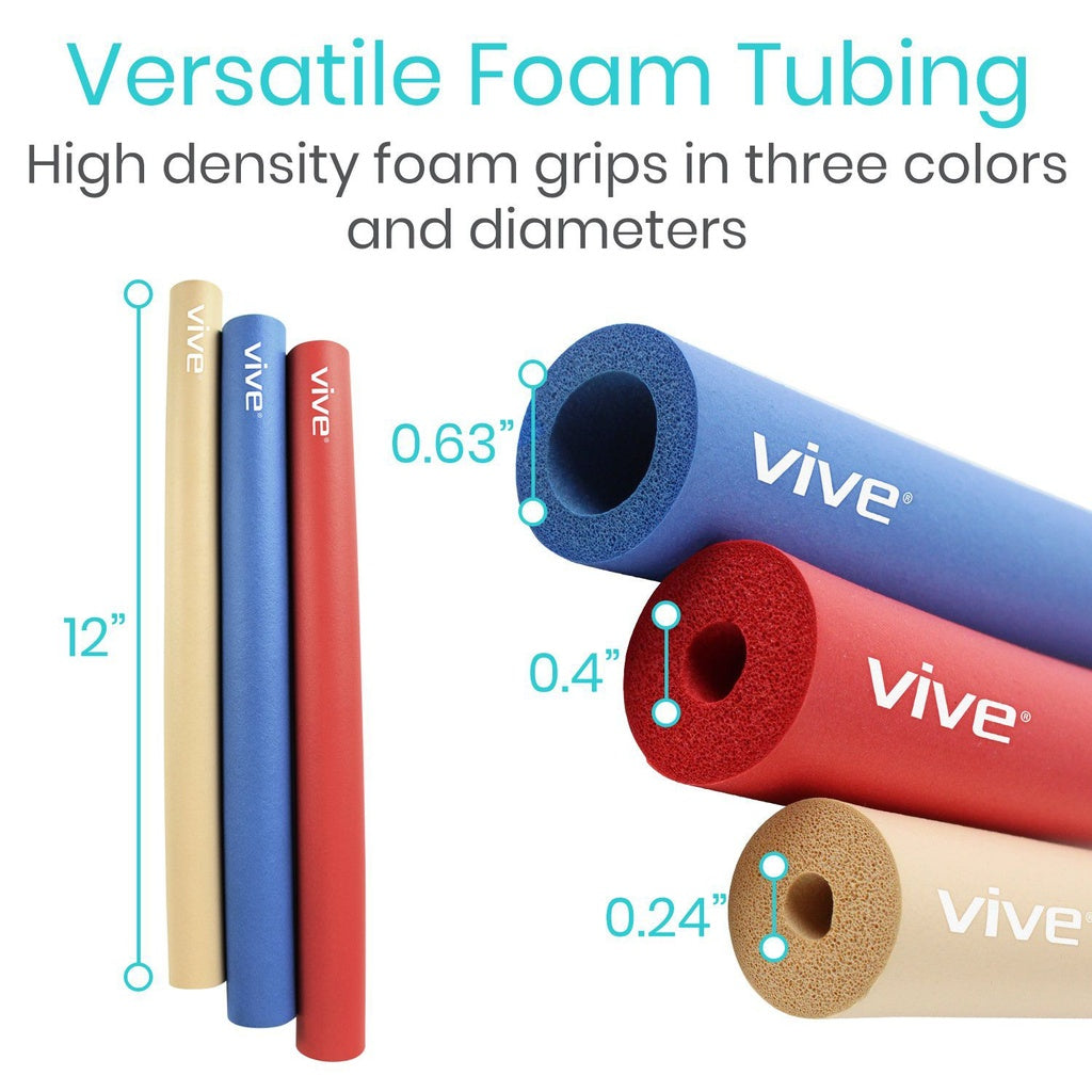 Vive foam tubing in three colors with dimensions on a white background