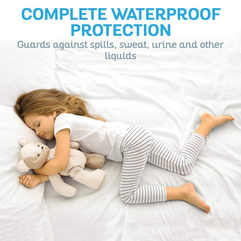 Child sleeping on a mattress with a teddy bear, emphasizing complete waterproof protection.