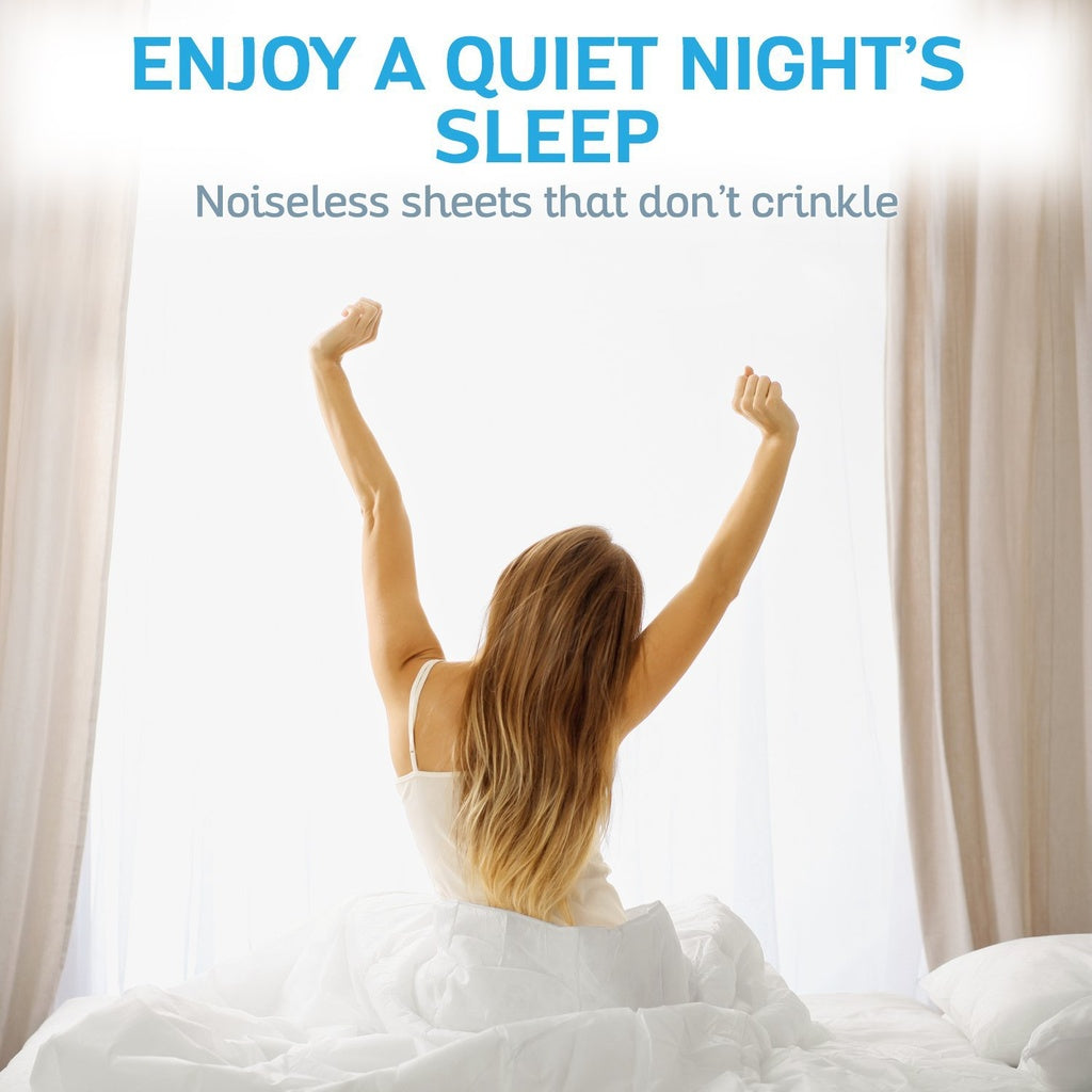 Woman waking up with text about noiseless sheets that don't crinkle