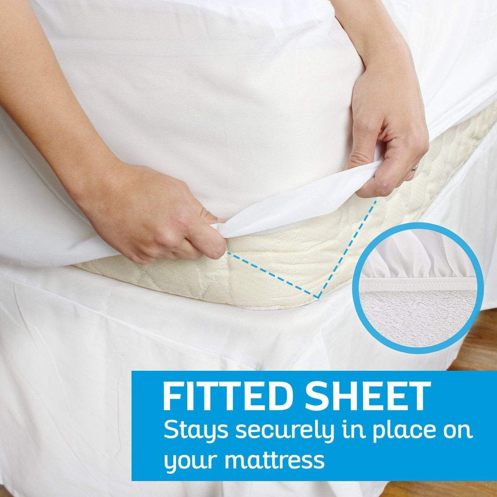 Person adjusting a fitted sheet on a mattress with text highlighting its security feature.