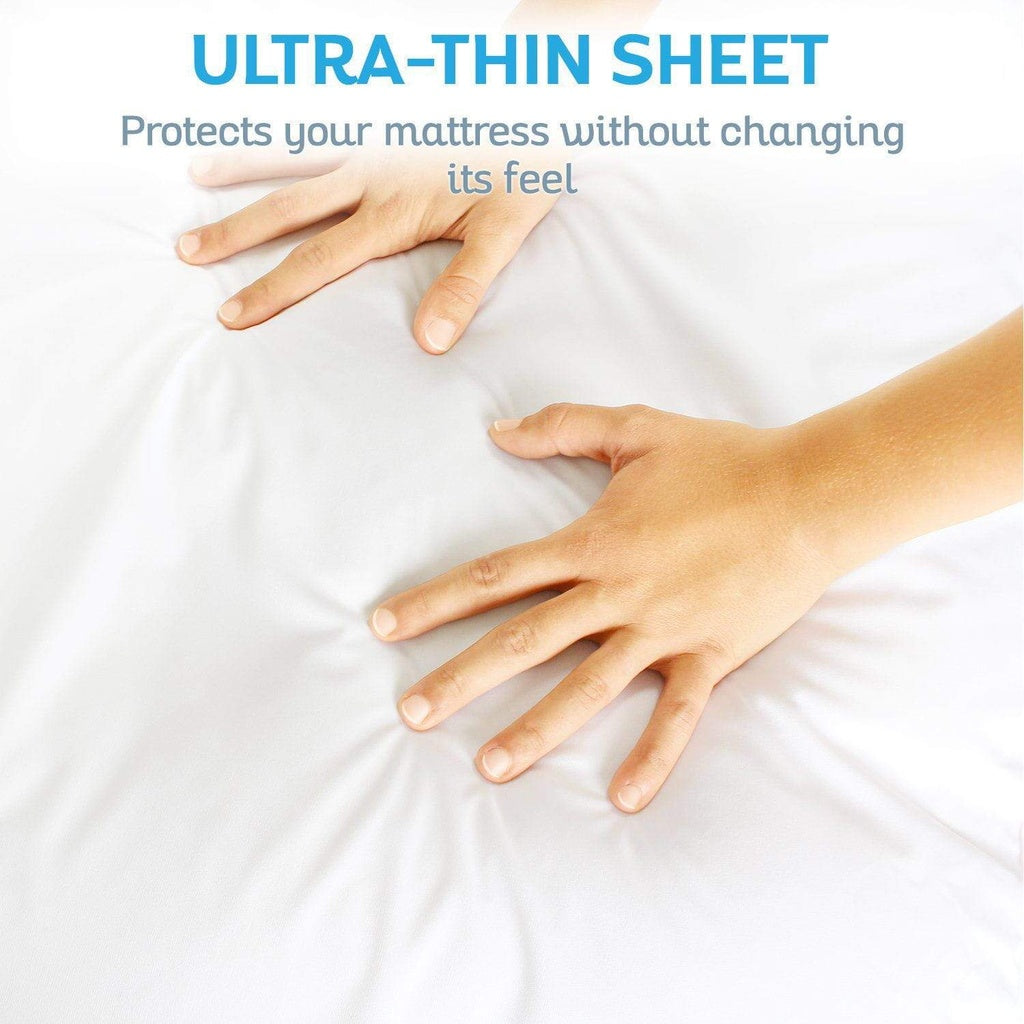 Ultra-thin sheet being stretched over a mattress with text highlighting its benefits.