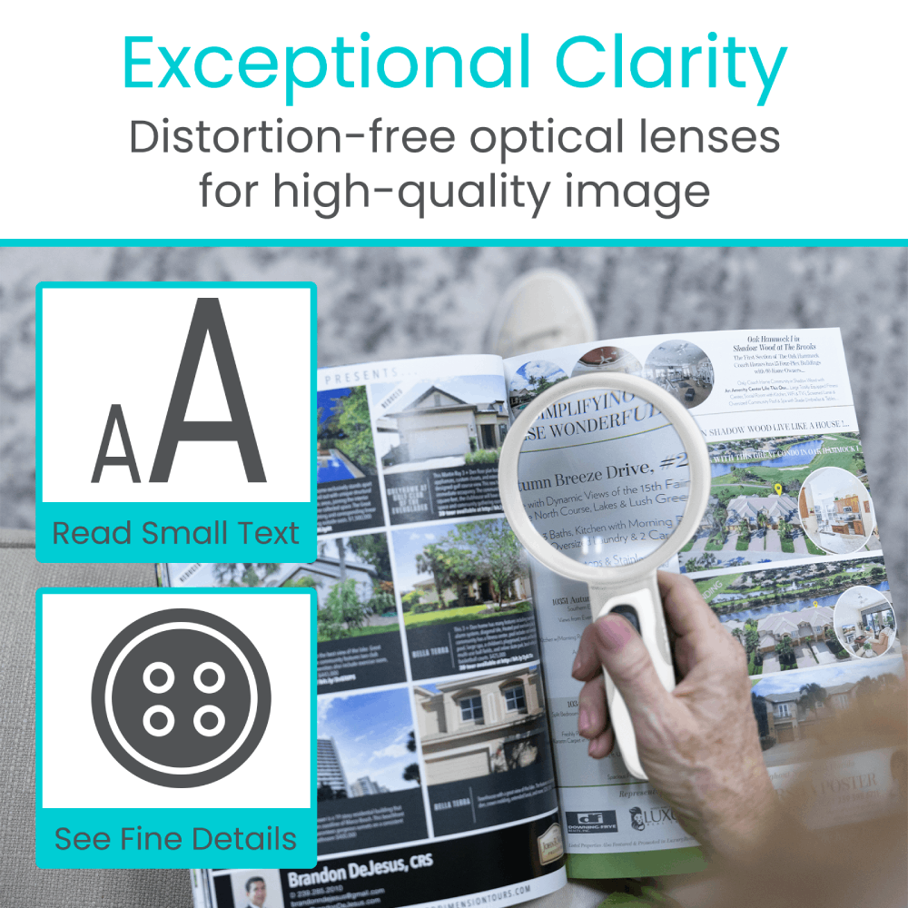 Person using a magnifying glass to read small text in a newspaper with text 'Exceptional Clarity' and 'Distortion-free optical lenses for high-quality image'.