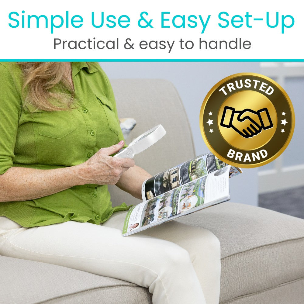 Woman sitting on a couch holding a magazine with text about simple use and easy set-up, featuring a trusted brand logo.