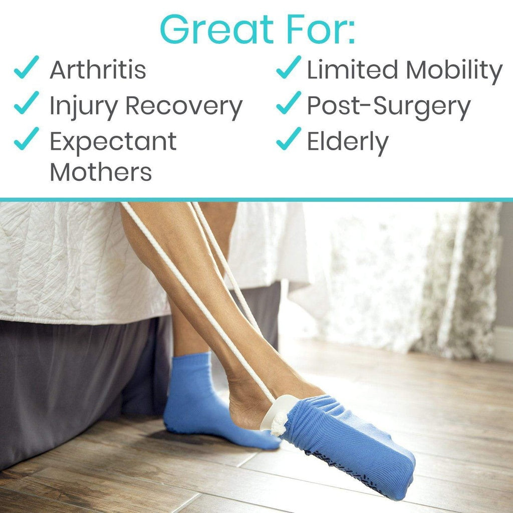 Person using a foot exerciser with text indicating its uses for various conditions.