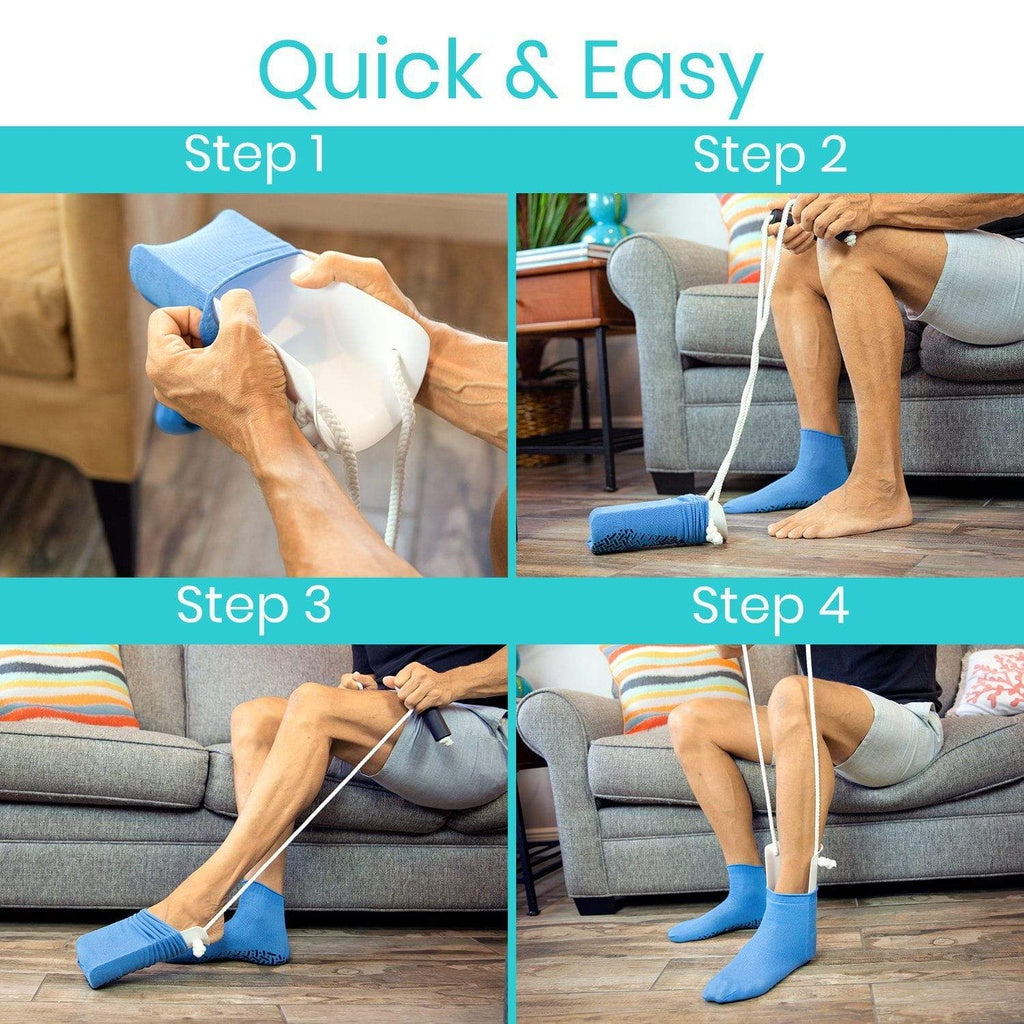 Step-by-step guide on how to use a leg exercise tool with text 'Quick & Easy' at the top.