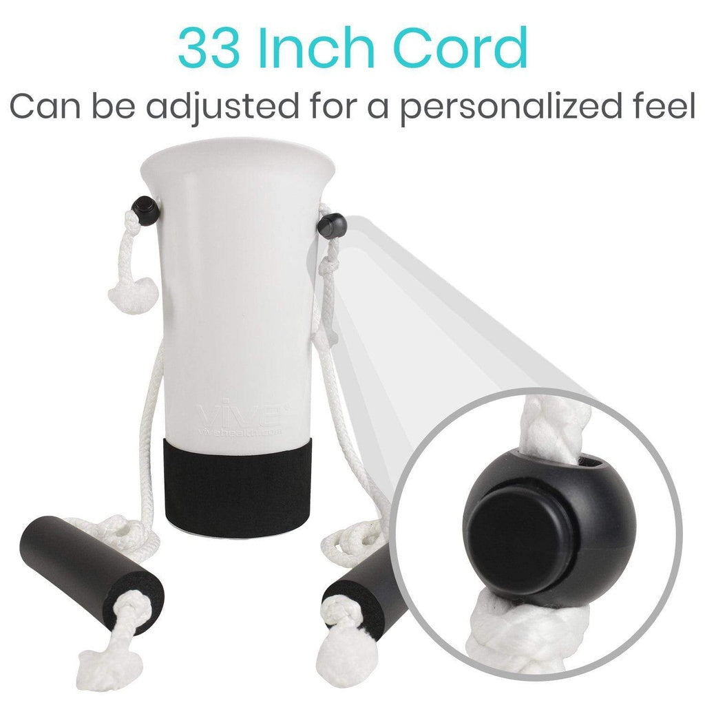 White and black cylindrical product with a 33 inch cord, adjustable for personalized feel.