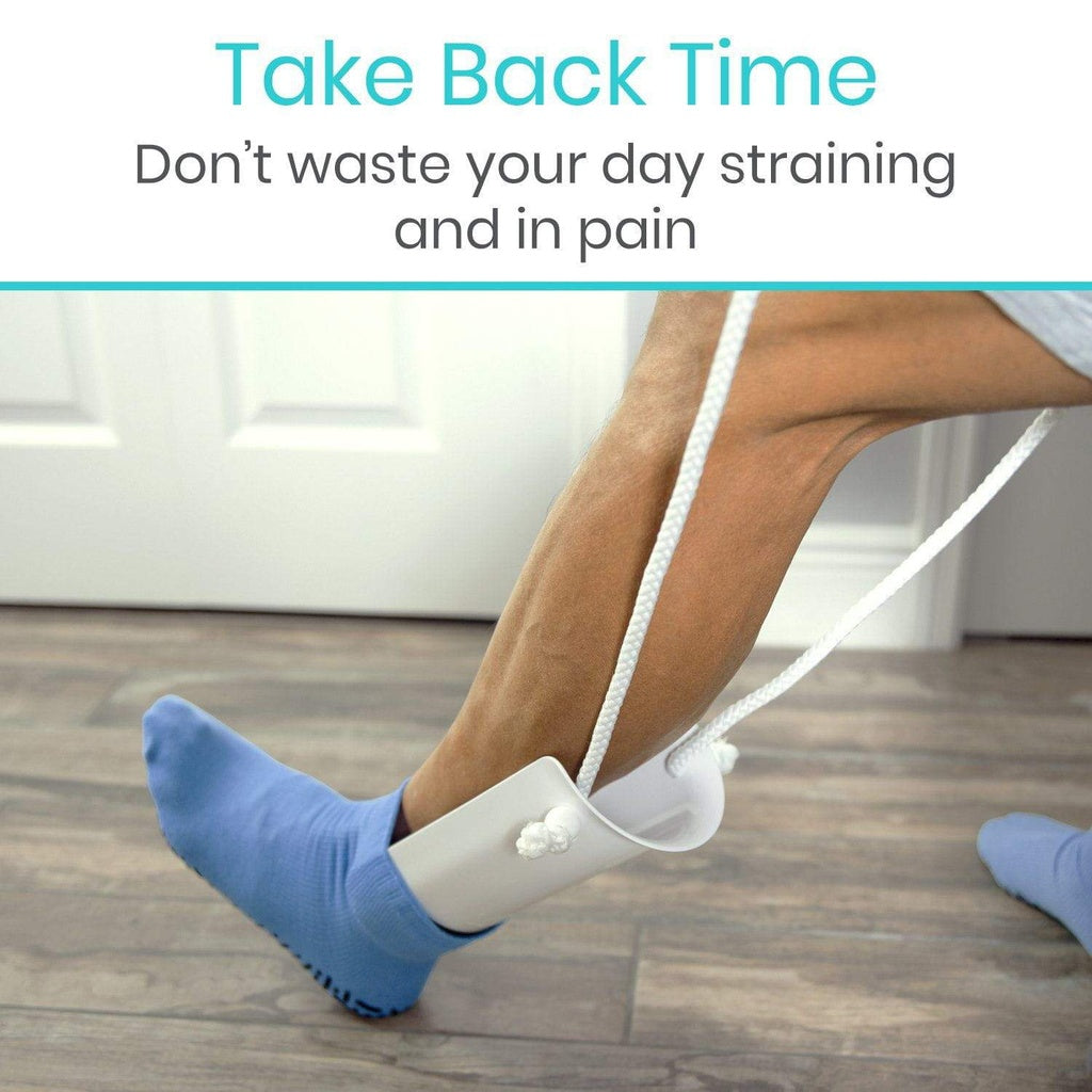 Person using a足部按摩器 with text 'Take Back Time' and 'Don't waste your day straining and in pain'.
