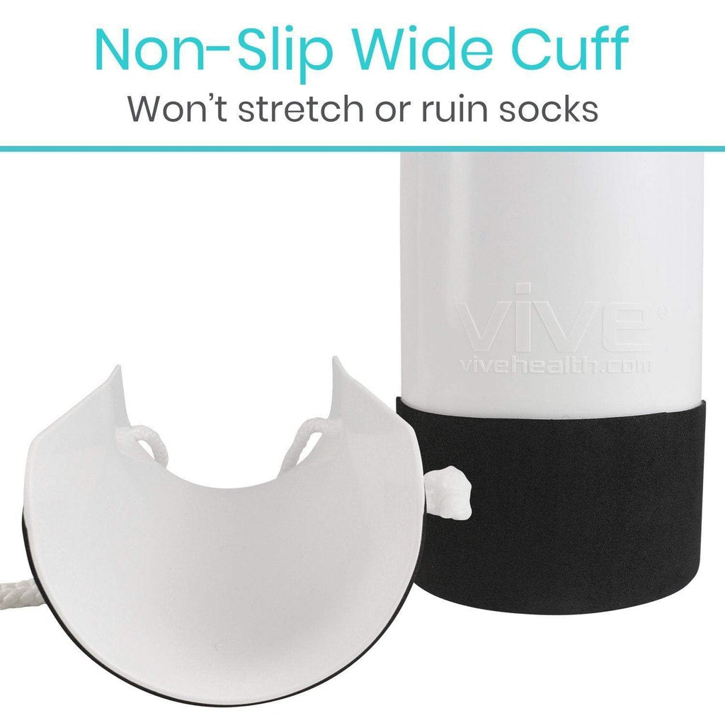 White sock with black non-slip wide cuff on a white background, featuring text about the product's features.
