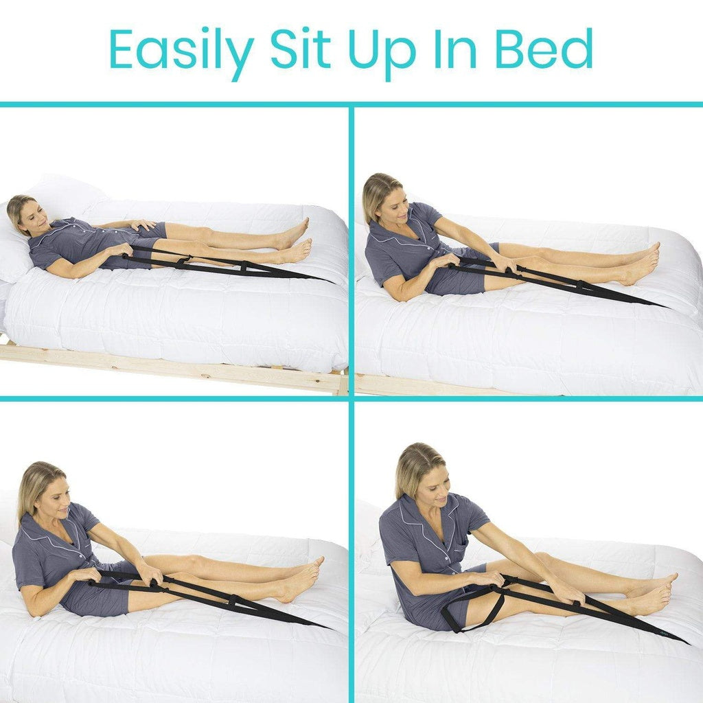 Woman using a bed assistance device to easily sit up in bed.