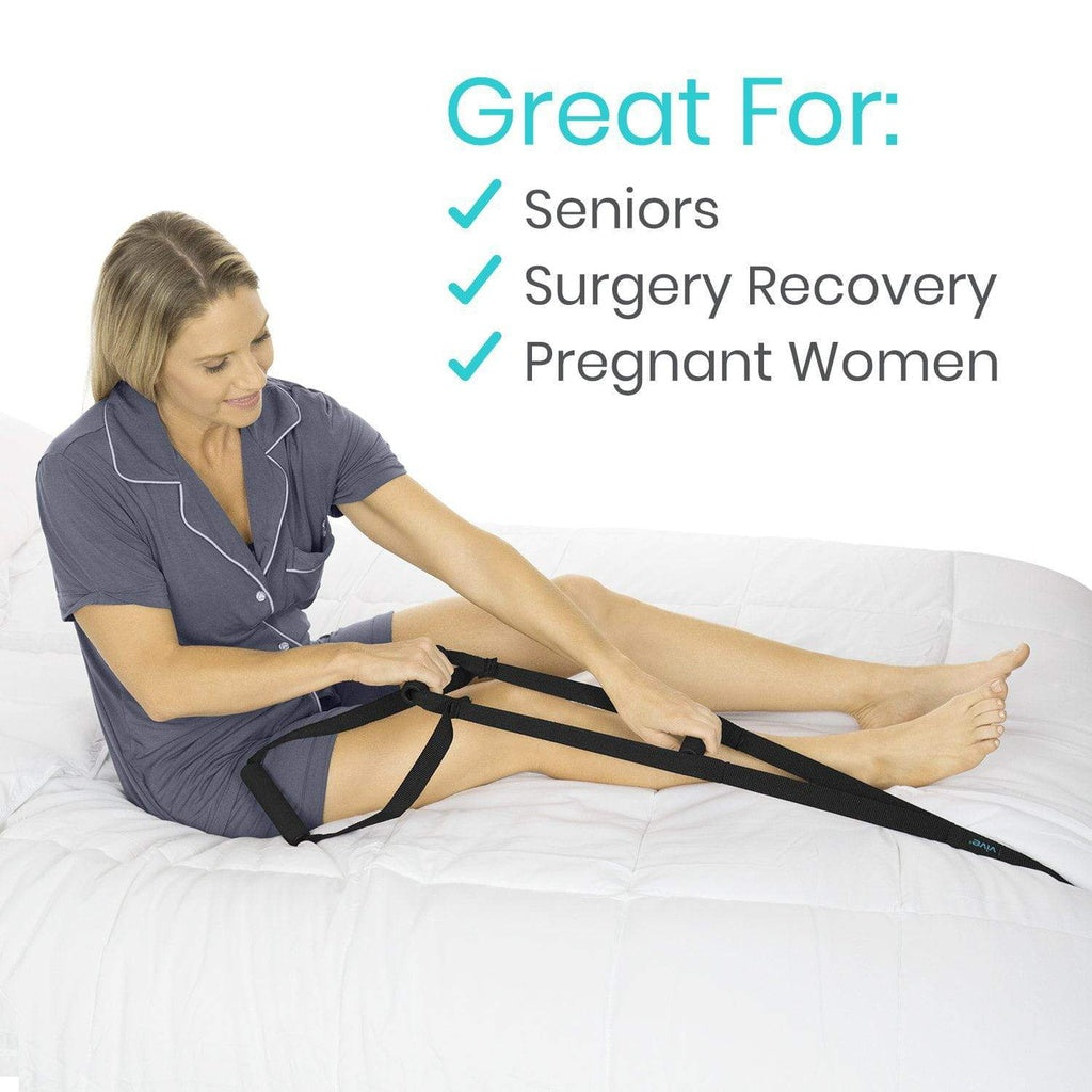 Woman using a leg extension machine on a bed with text indicating it's great for seniors, surgery recovery, and pregnant women.