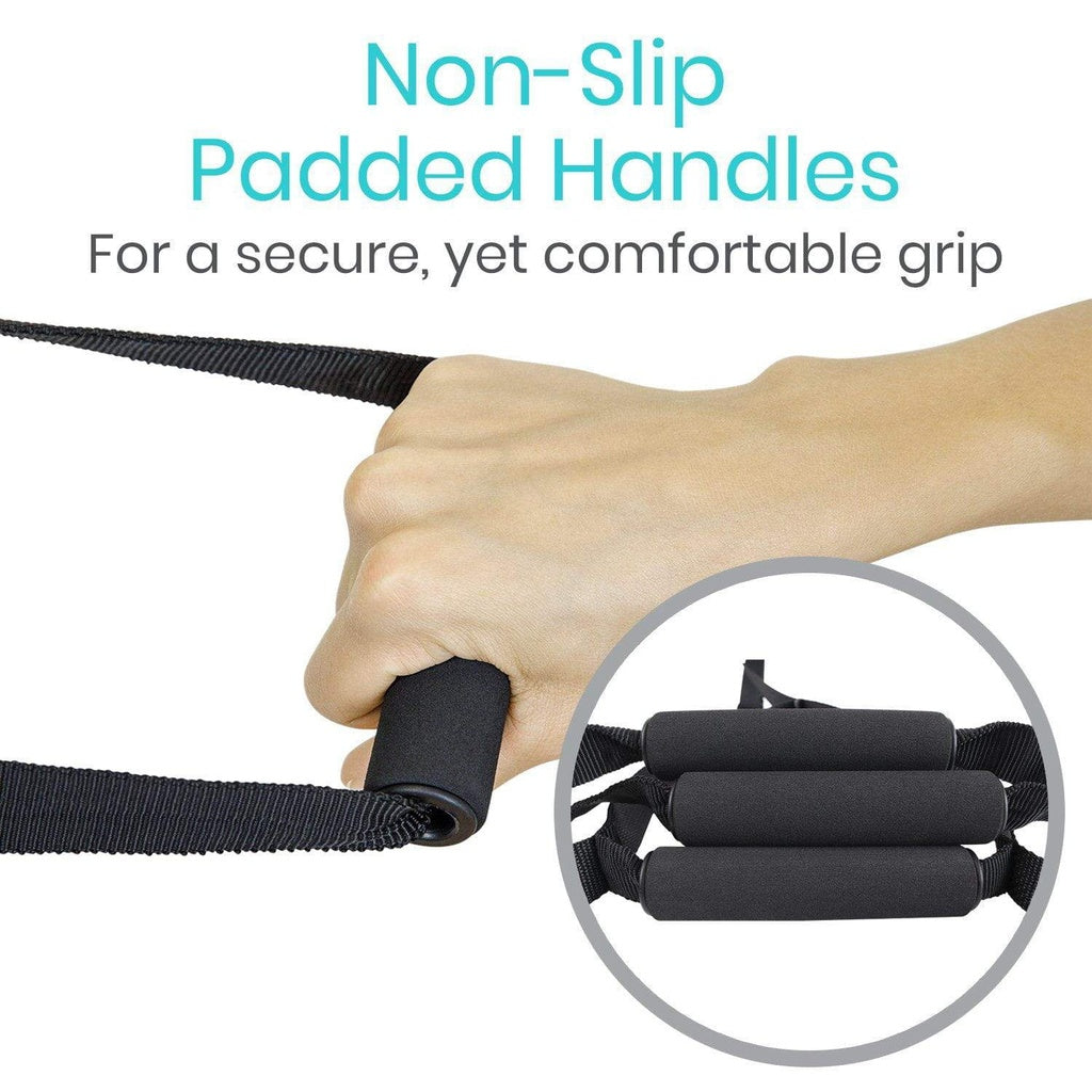 Hand holding a black resistance band with non-slip padded handles, text indicating secure yet comfortable grip.