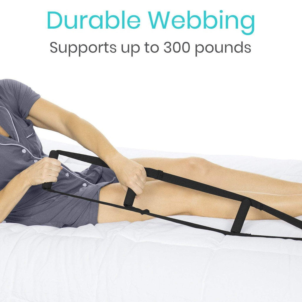Person using a resistance band with text highlighting durable webbing capacity on a white background