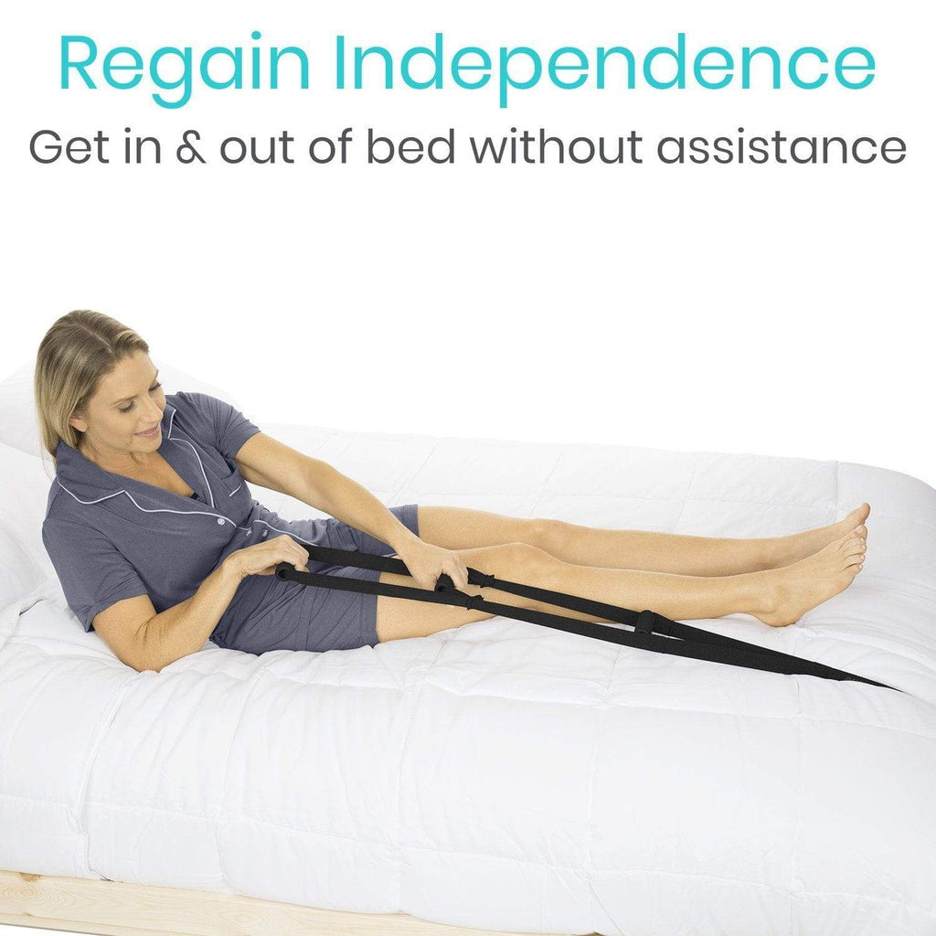 Woman using a bed assistance device to get out of bed with text 'Regain Independence' and 'Get in & out of bed without assistance'.
