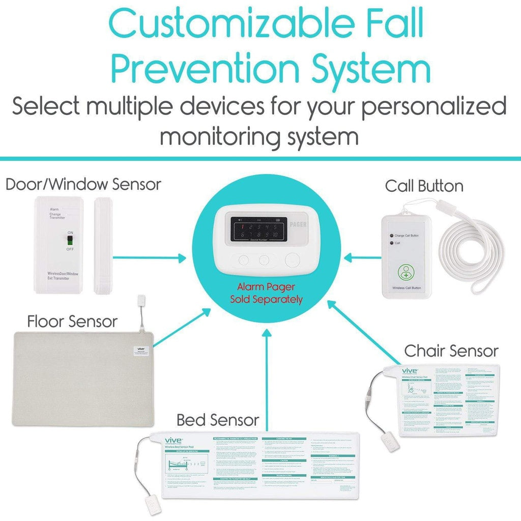 Customizable fall prevention system with various sensors and a call button on a white background.