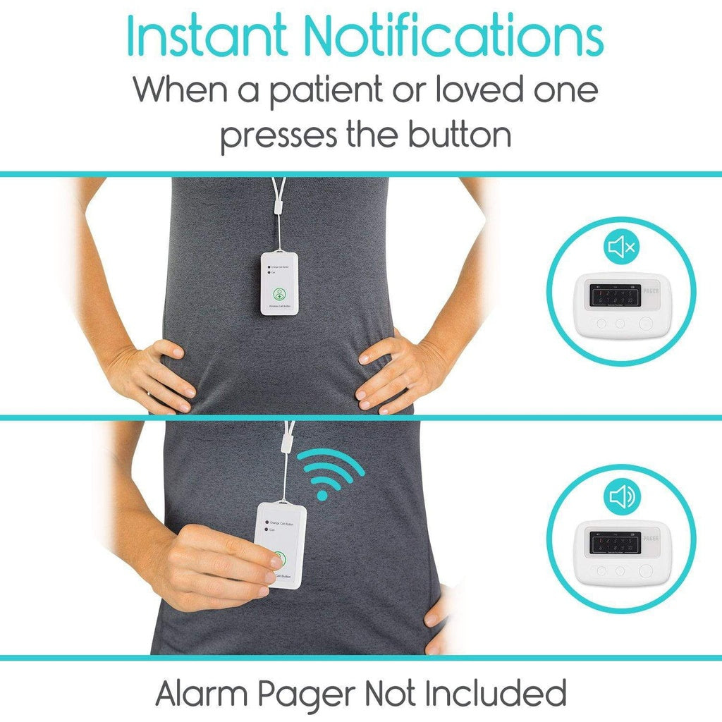 Alarm pager system with text about instant notifications and a person wearing it.