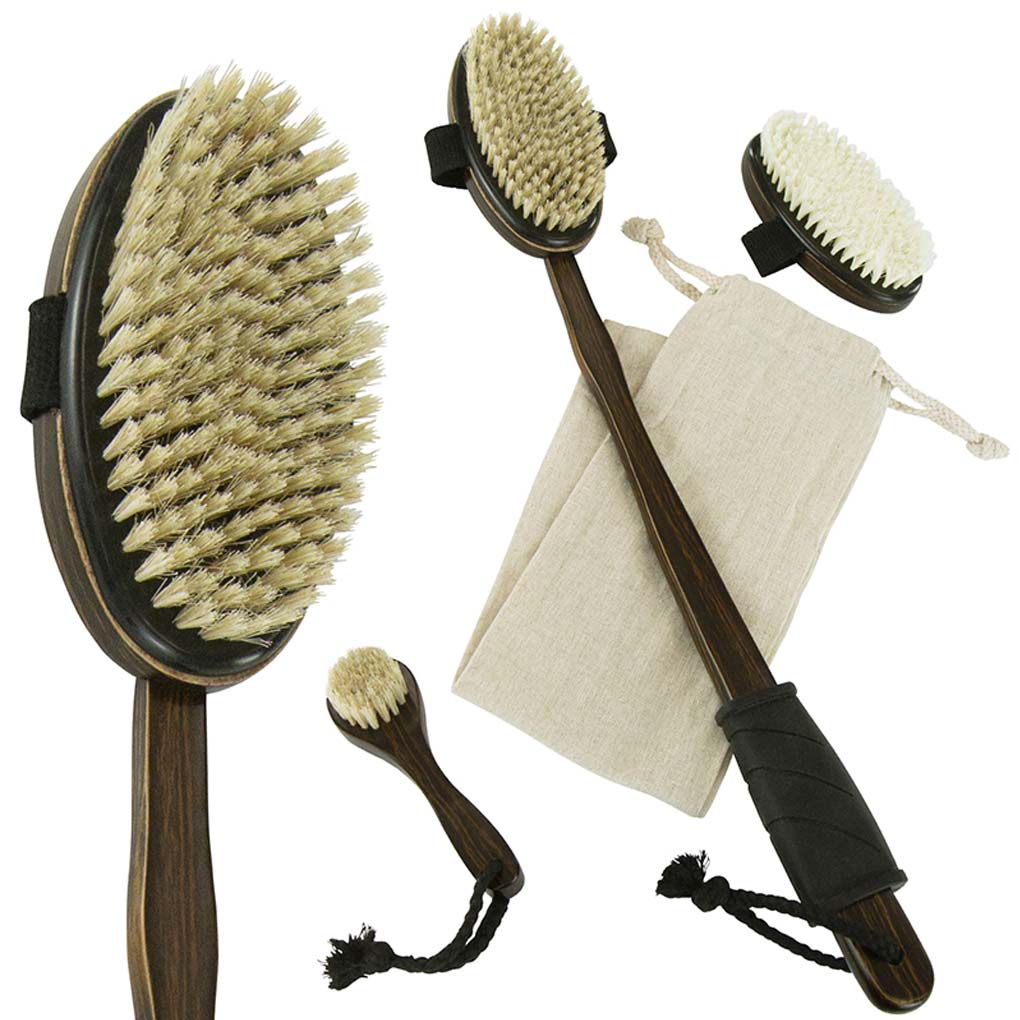 Set of natural bristle brushes with black handles on a white background