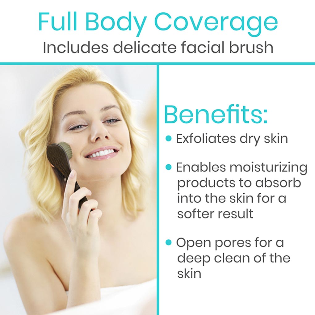 Woman using a facial brush with text about full body coverage and product benefits.