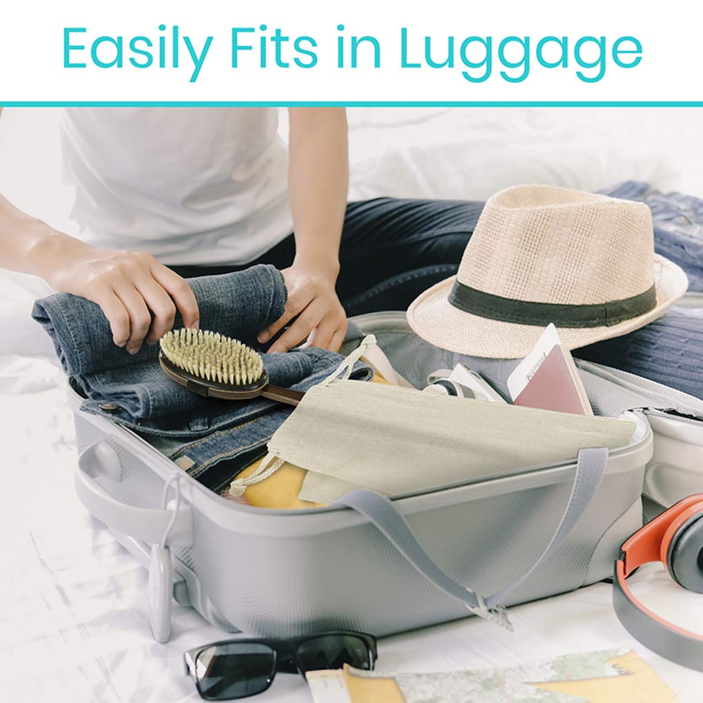 Person packing a suitcase with clothes, a hat, and other items, with text 'Easily Fits in Luggage'.
