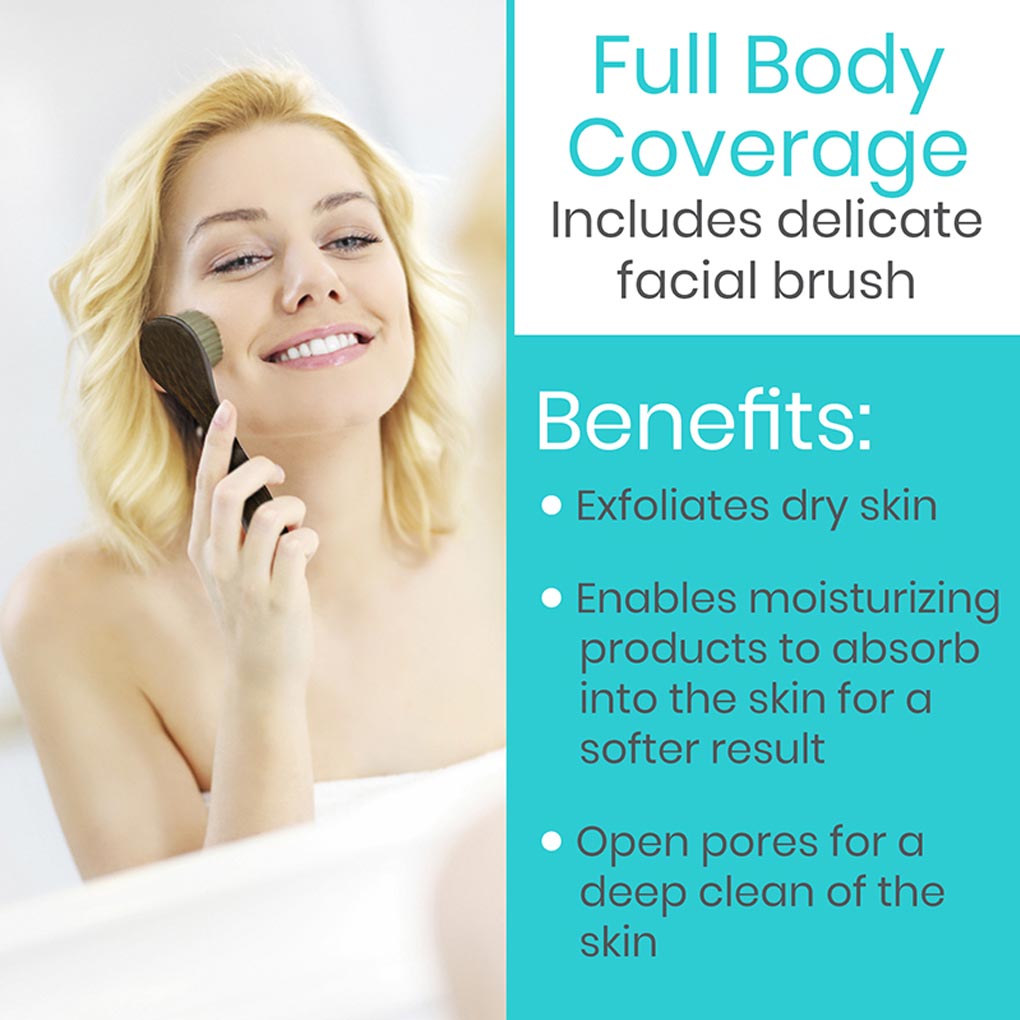 Woman using a facial brush with text about full body coverage and product benefits.