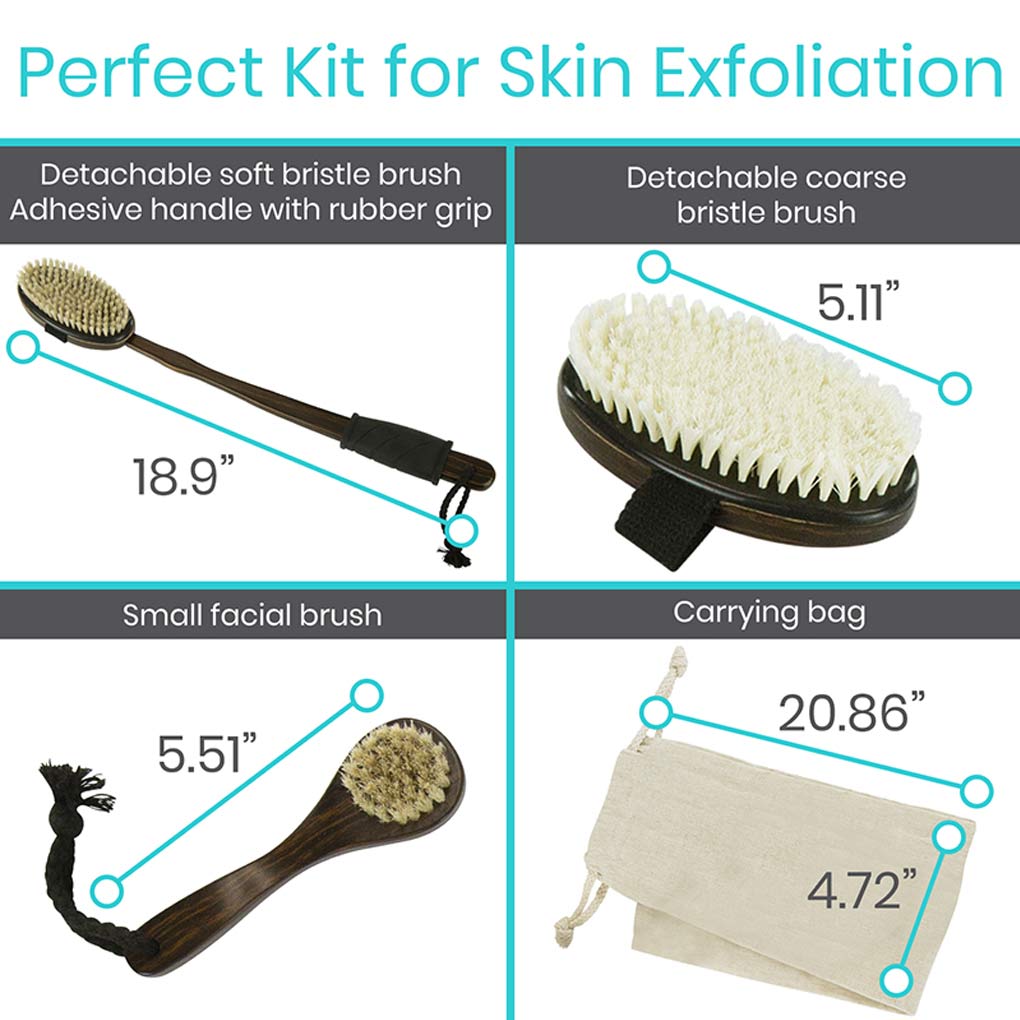 Exfoliation brush set with measurements and features on a white background