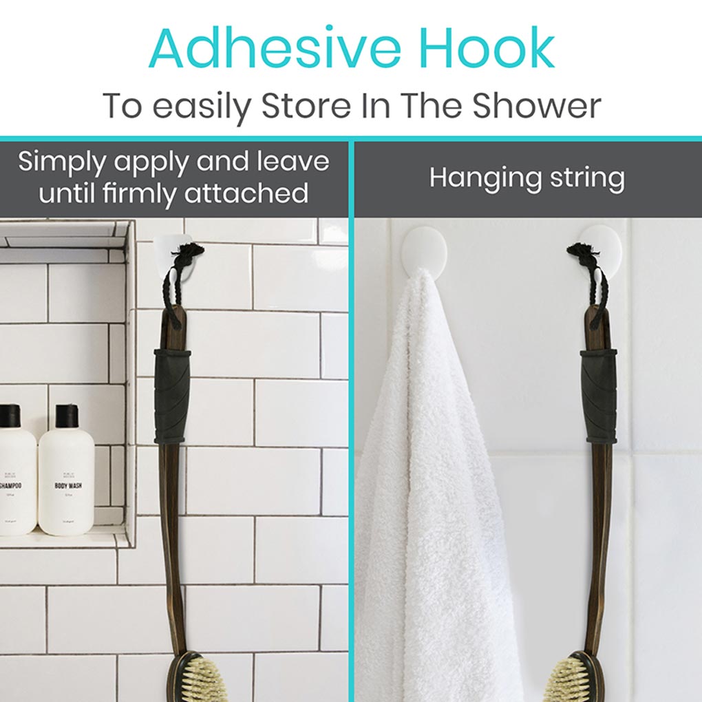 Adhesive hook used to store bath brushes and a towel on a tiled shower wall.