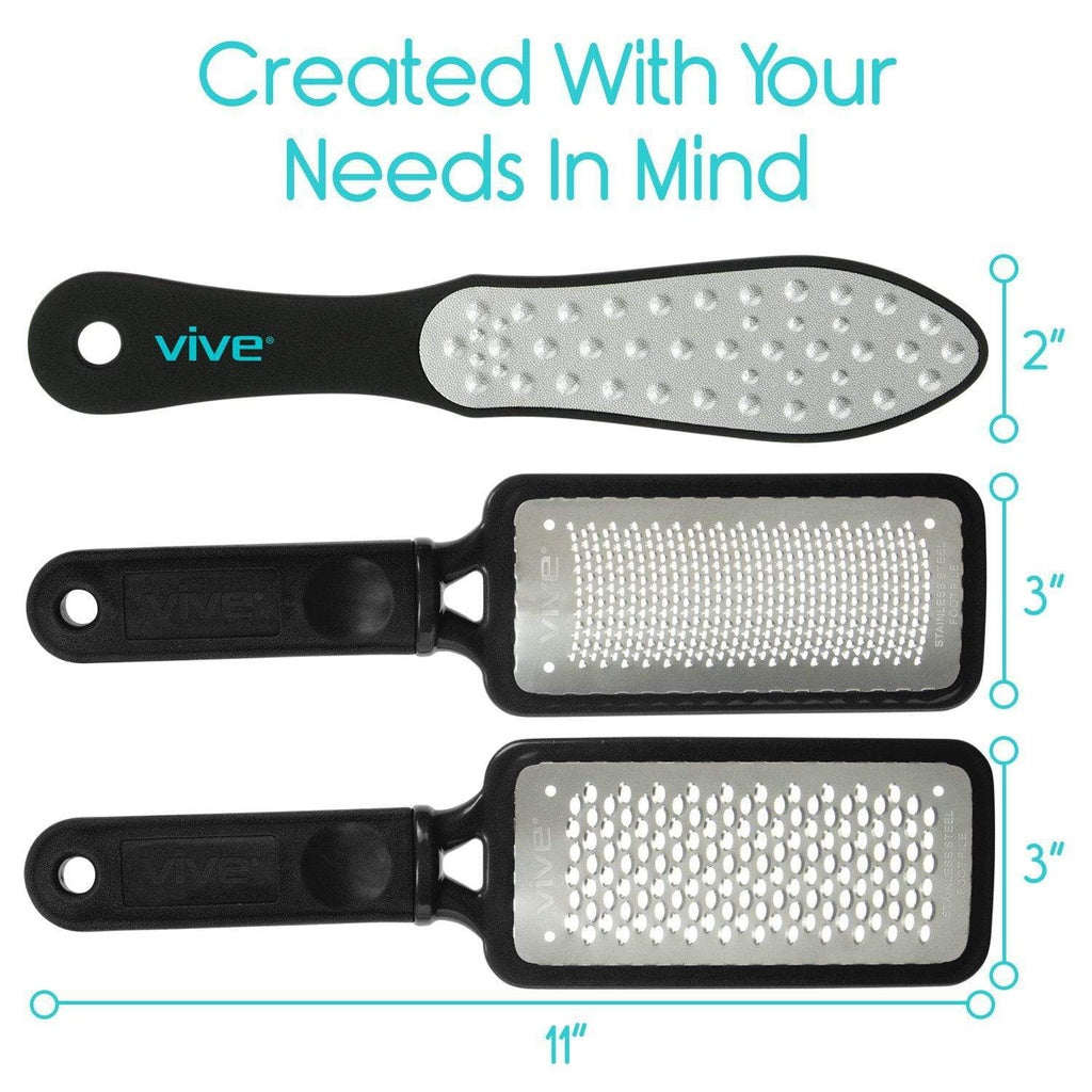 Three black Vive foot care tools with textured surfaces and measurements on a white background.