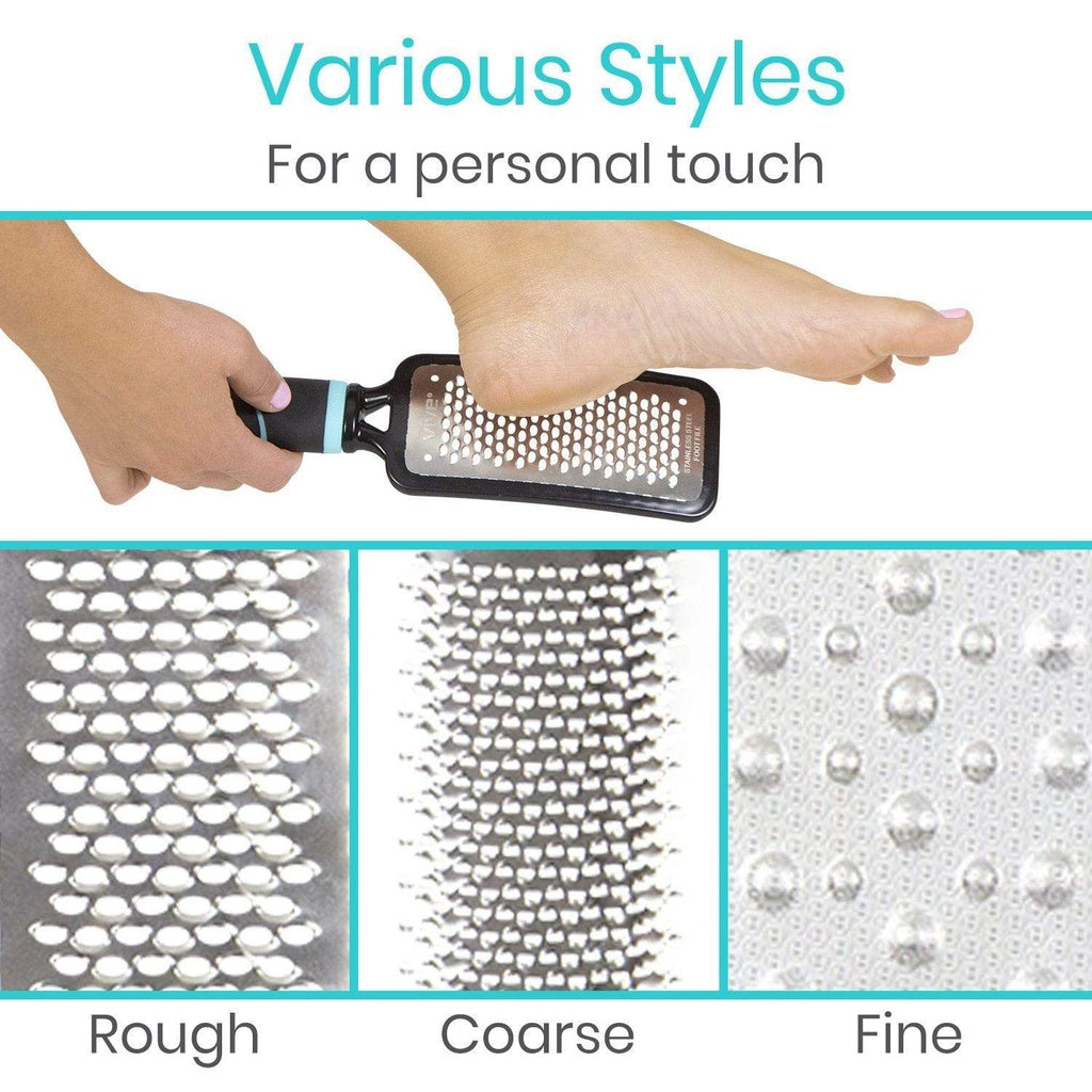 Foot scrubber with different texture options labeled 'Rough', 'Coarse', and 'Fine' on a white background.