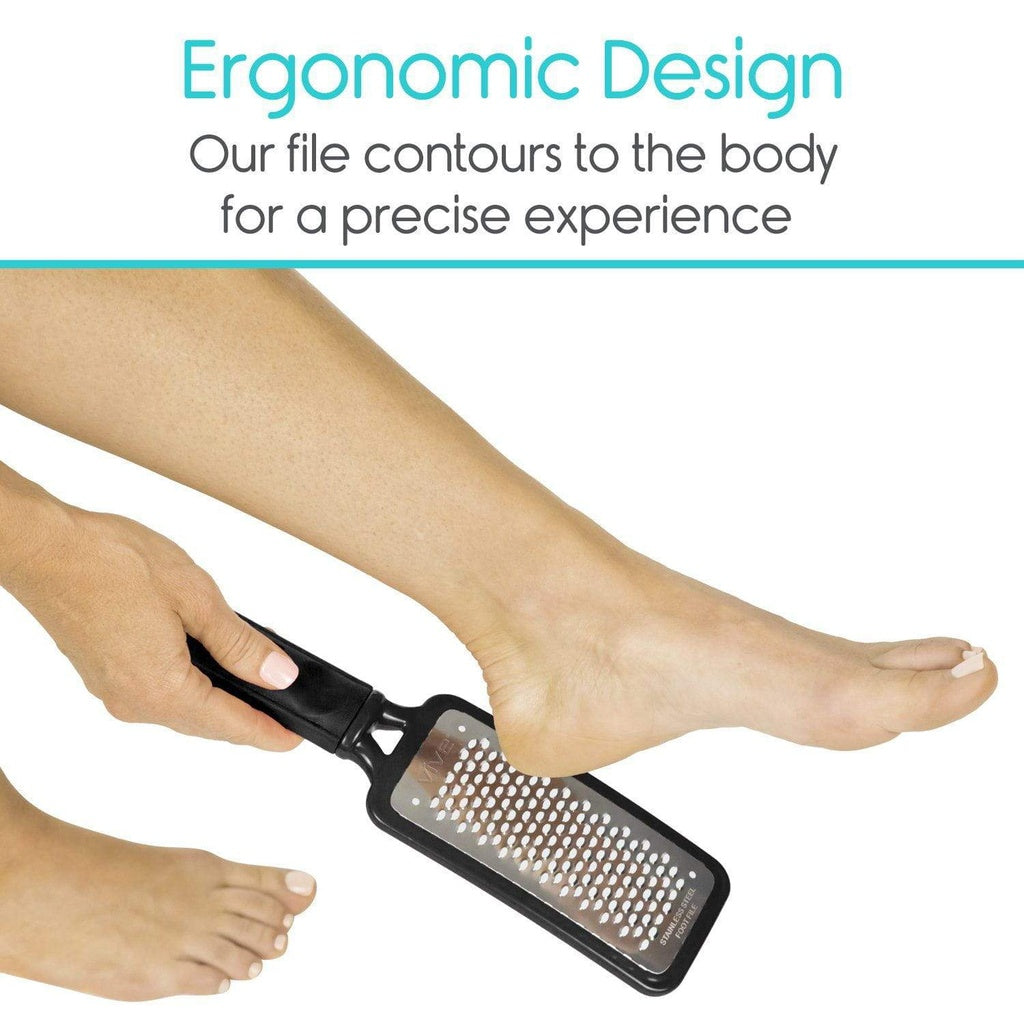 Person using a foot file on their toes with text about ergonomic design.