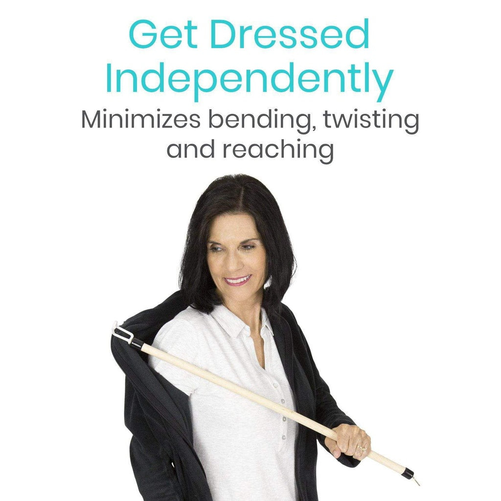 Woman holding a broom with text about getting dressed independently