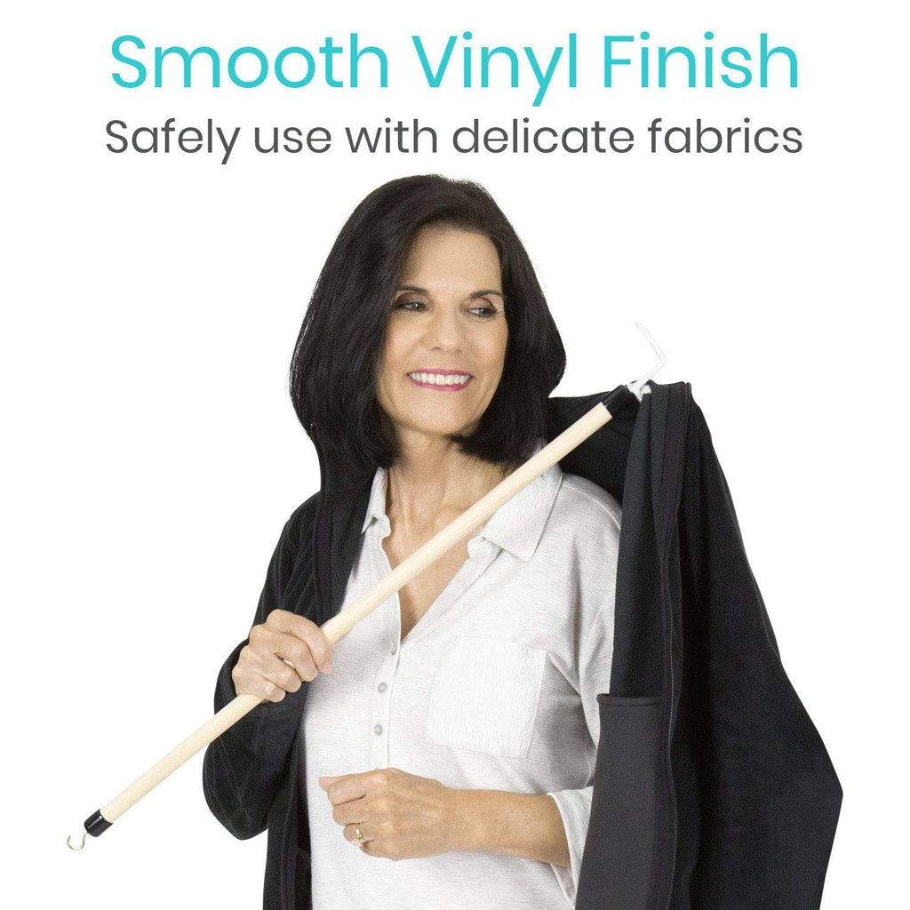 Woman holding a cleaning tool with text about smooth vinyl finish and fabric safety.