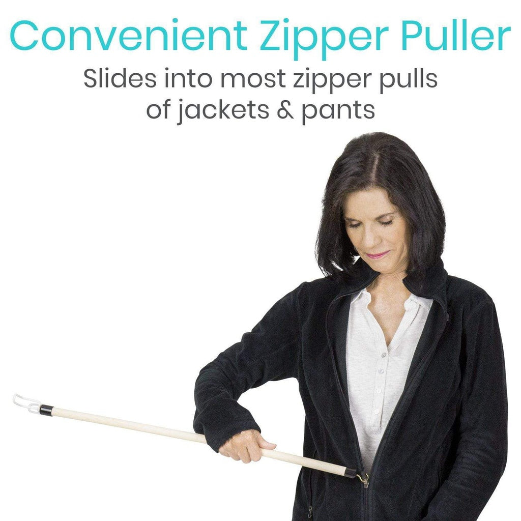 Woman using a convenient zipper puller on a white background