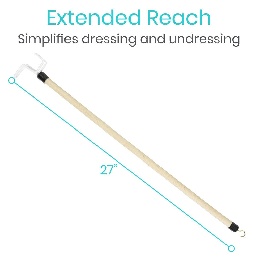 Long wooden stick with a hook at each end, labeled 'Extended Reach' on a white background.