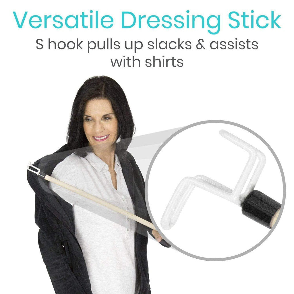 Woman using a versatile dressing stick with text on a white background