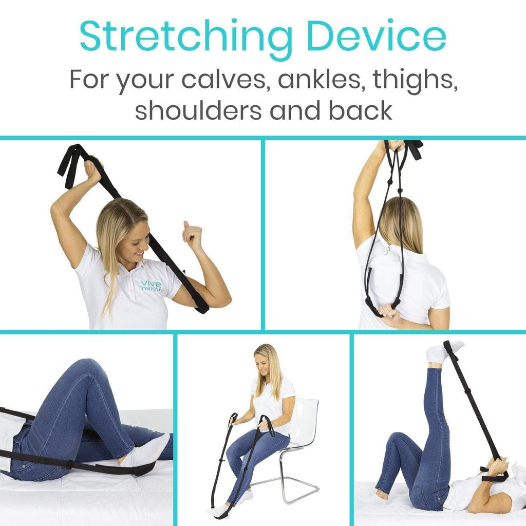 Stretching device being used by a woman in various poses on a white background