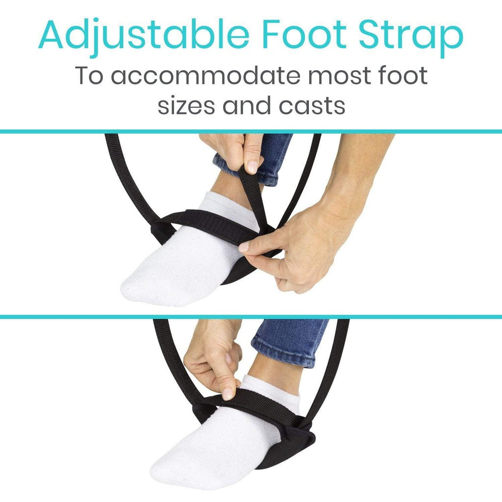 Adjustable foot strap being used on a foot with text indicating it accommodates most foot sizes and casts.