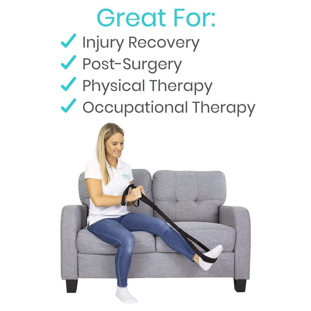 Woman using a resistance band on a couch with text indicating uses for injury recovery, post-surgery, physical therapy, and occupational therapy.