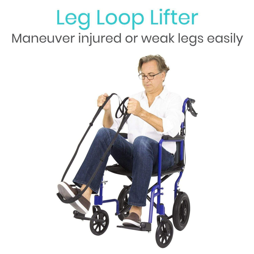 Person using a leg loop lifter attached to a wheelchair on a white background
