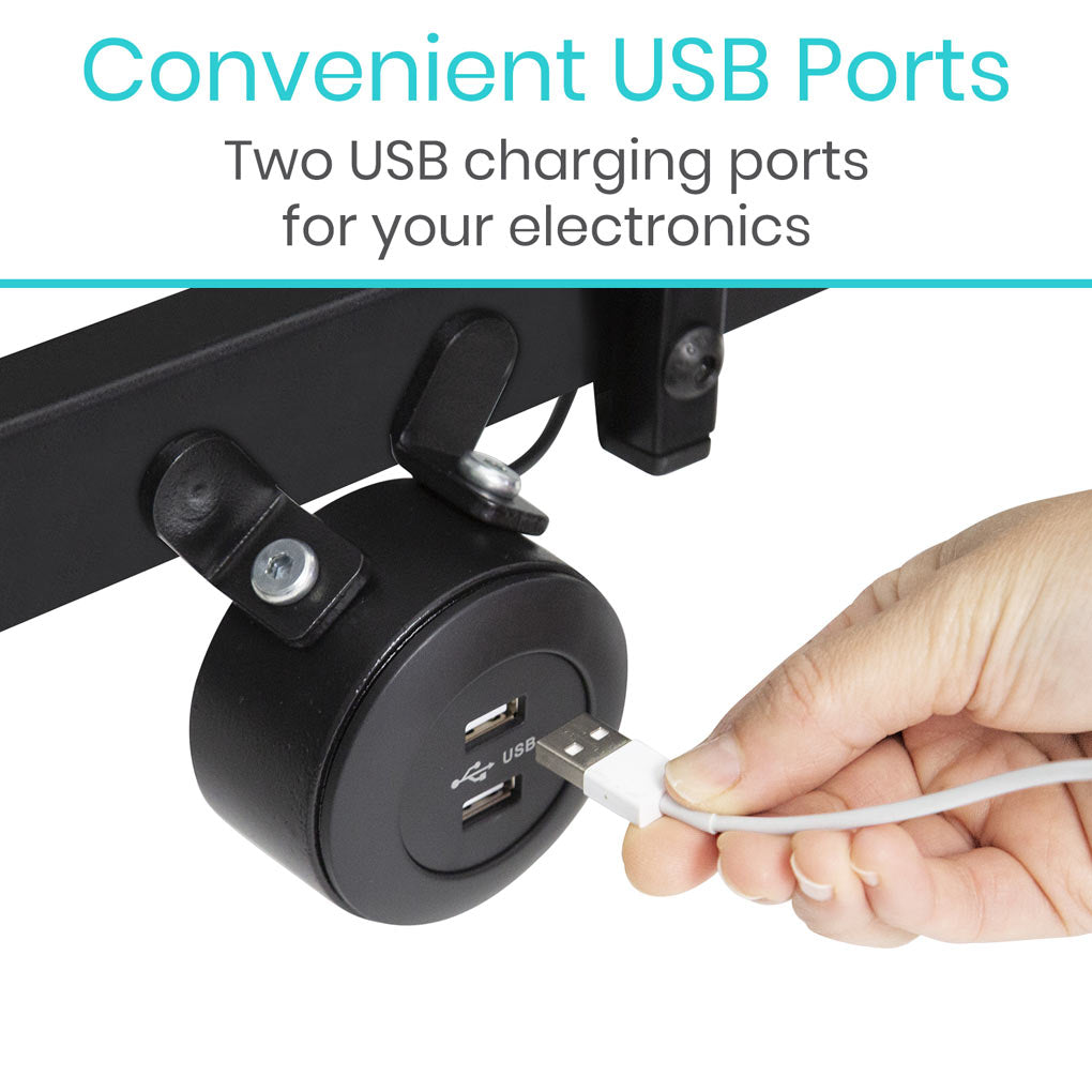 Black USB charging station with two ports and a hand plugging in a white cable.
