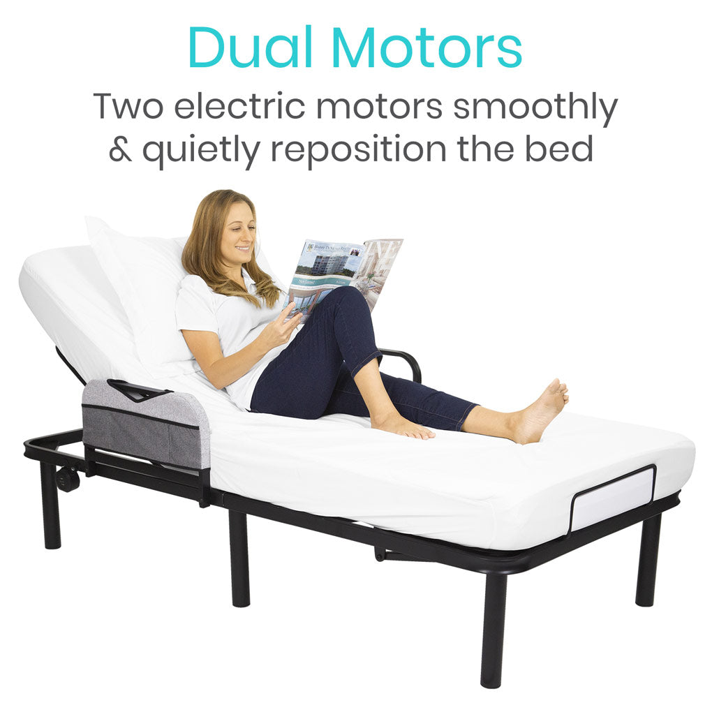 Woman using an electric adjustable bed with dual motors, text 'Dual Motors' and 'Two electric motors smoothly & quietly reposition the bed'.