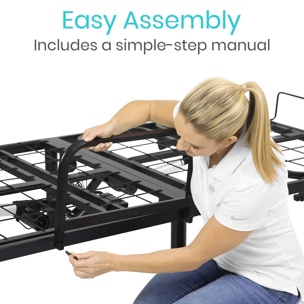 Woman assembling a metal bed frame with text indicating easy assembly and a manual included.