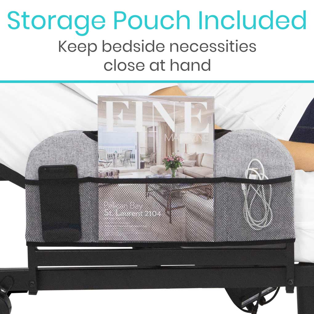 Bedside caddy with storage pouch attached, featuring a magazine and phone.
