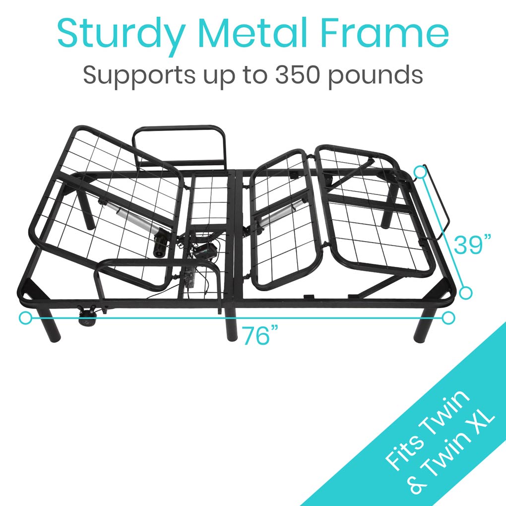 Bed frame with dimensions and weight capacity on a white background