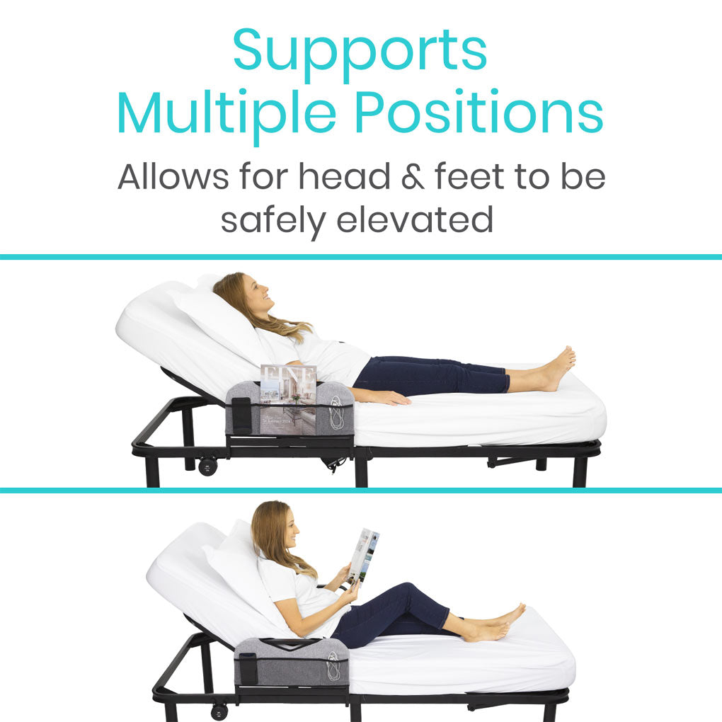 Elevated bed with text 'Supports Multiple Positions' and 'Allows for head & feet to be safely elevated'.