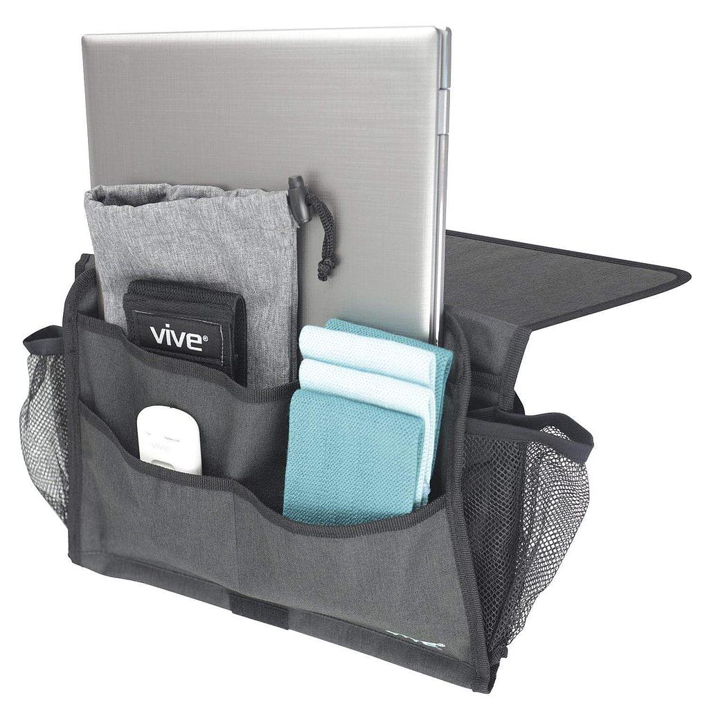 Laptop in a black organizer with various items on a white background