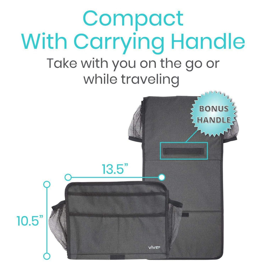 Compact bag with carrying handle and dimensions on a white background