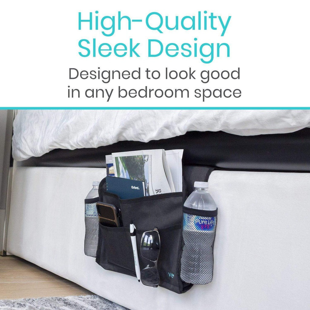 Bedside caddy attached to a bed with items in it, text about design and space suitability.